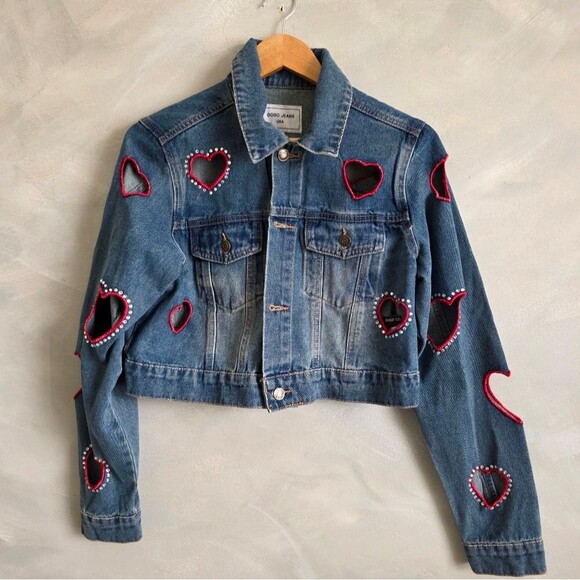 GOGO RARE Rhinestone Heart Cutout Denim Crop Blue Red Jacket Sz M Y2K McBling - Picture 1 of 8